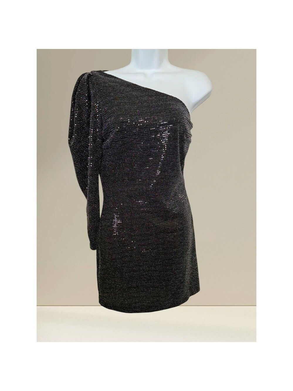Zara One-Shoulder Black Metallic Sequin Mini Dress – Size S